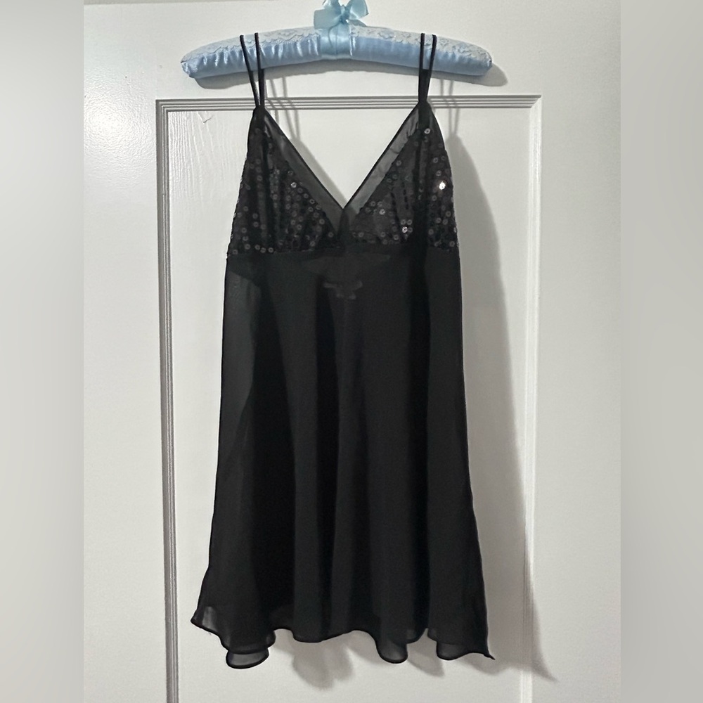 LAI Black Sheer & Sequin Babydoll Teddy & Thong Panties Lingerie Set Size Large